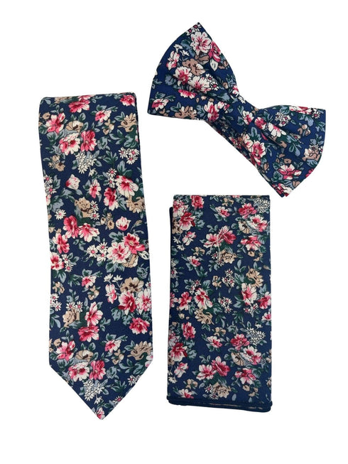 Navy with English wildflower garden, rose, daisy, flower floral design cotton neck-tie