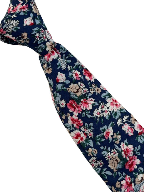 Navy with English wildflower garden, rose, daisy, flower floral design cotton neck-tie