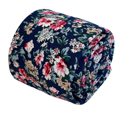 Navy with English wildflower garden, rose, daisy, flower floral design cotton neck-tie