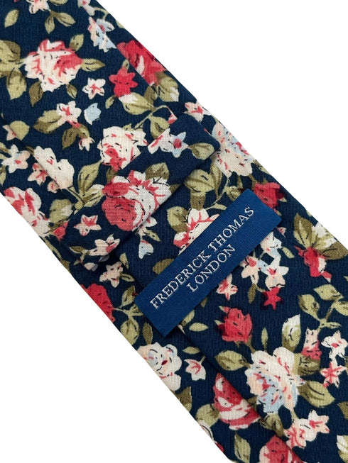 Navy with English wildflower garden, rose, daisy, flower floral design cotton neck-tie
