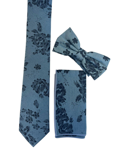 Medium denim blue stencil english wild-flower floral design cotton tie