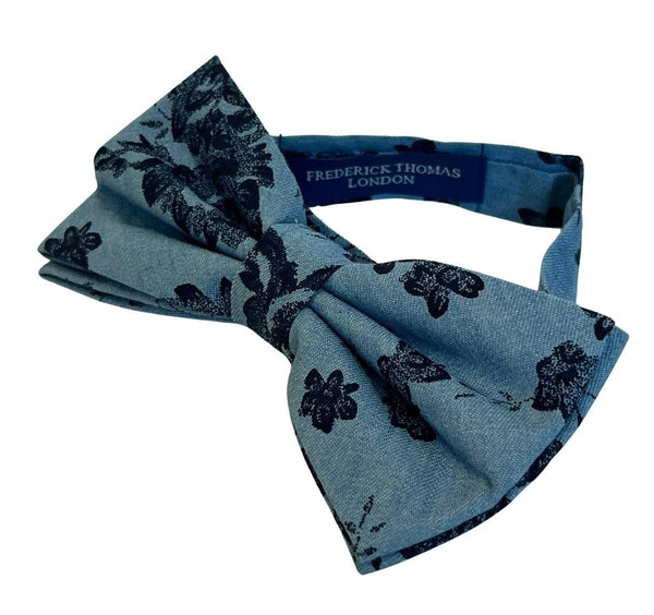 medium denim blue stencil english wild-flower floral design bow tie