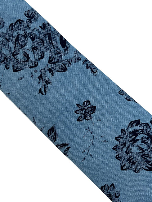 Medium denim blue stencil english wild-flower floral design cotton tie