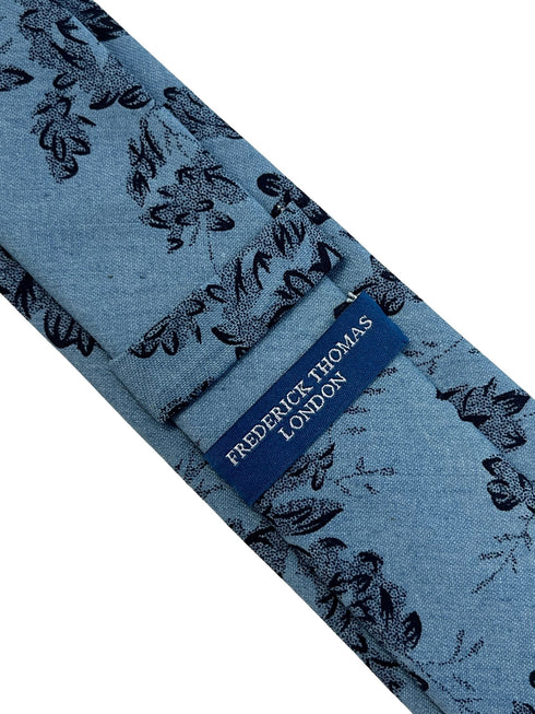 Medium denim blue stencil english wild-flower floral design cotton tie