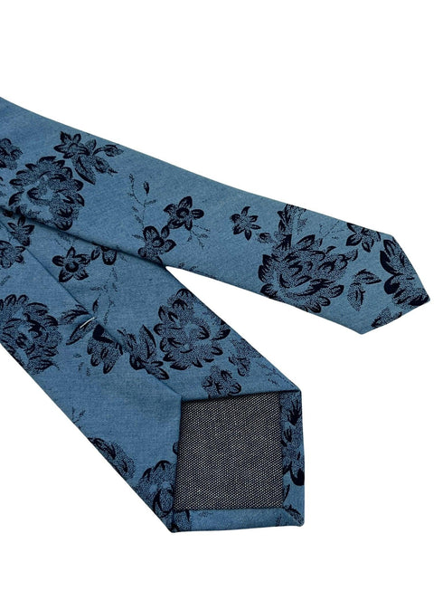 Medium denim blue stencil english wild-flower floral design cotton tie