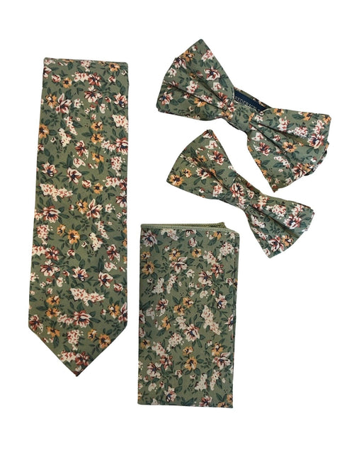 Sage green, light olive stencil english wild-flower floral design cotton pocket square