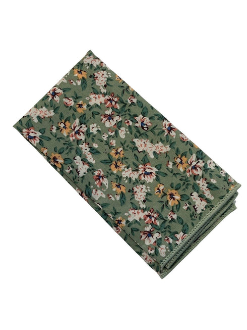 Sage green, light olive stencil english wild-flower floral design cotton pocket square