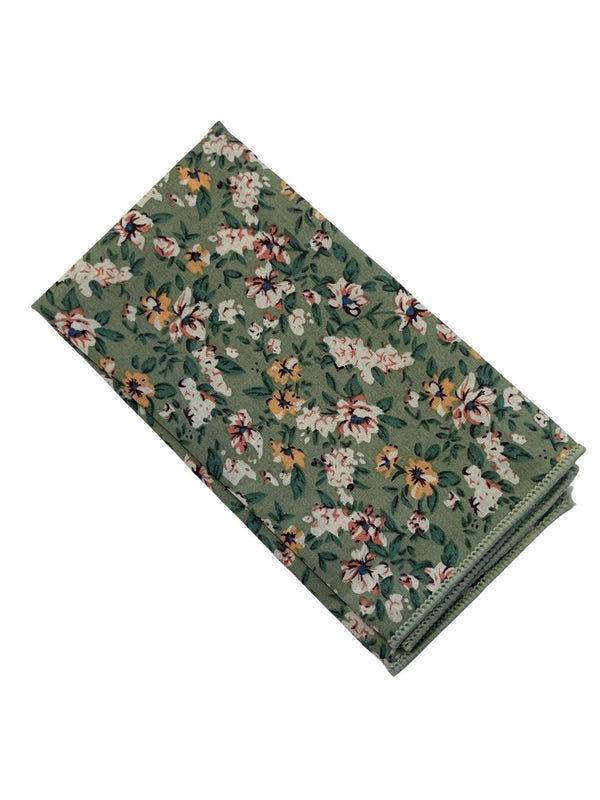 Sage green, light olive stencil english wild-flower floral design cotton pocket square
