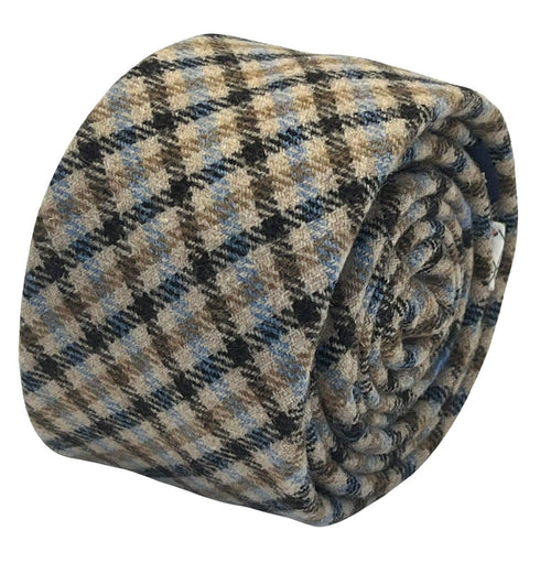 Beige taupe brown blue check wool tie