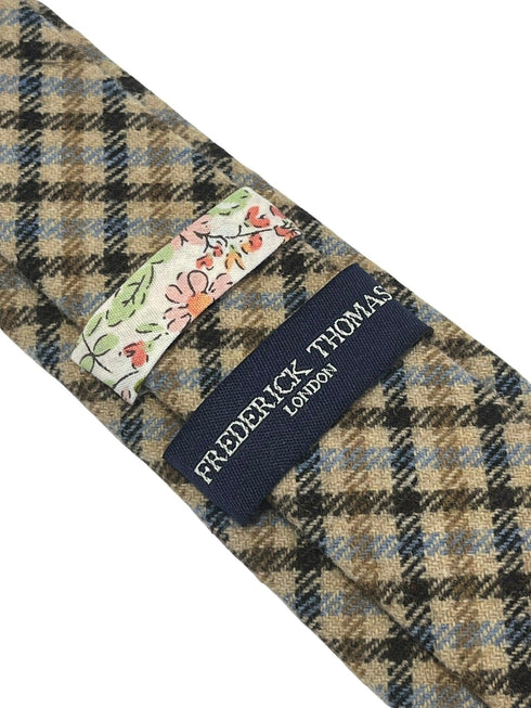 Beige taupe brown blue check wool tie