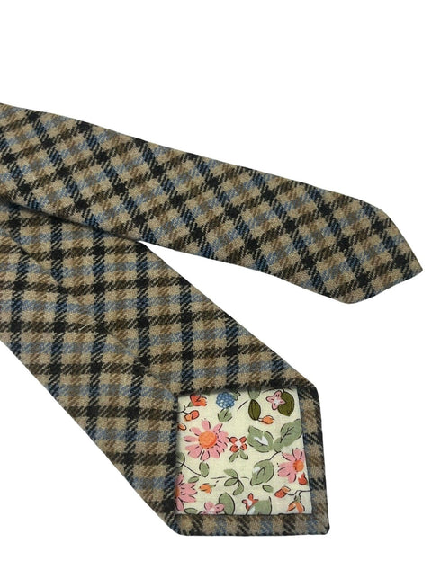 Beige taupe brown blue check wool tie