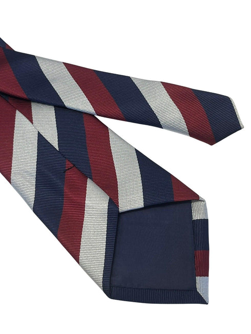Light silver grey, navy dark blue & maroon red striped tie