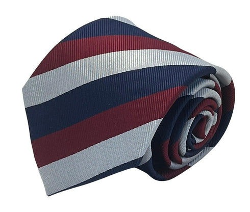 Light silver grey, navy dark blue & maroon red striped tie