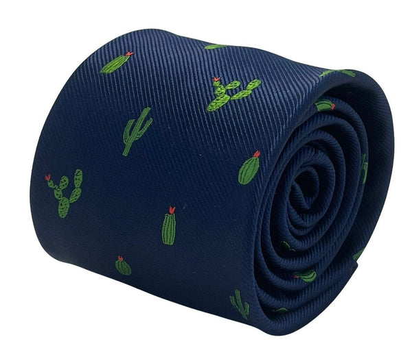 Navy dark blue tie with embroidered cactus design