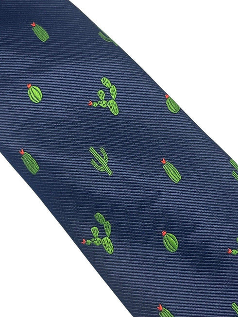 Navy dark blue tie with embroidered cactus design