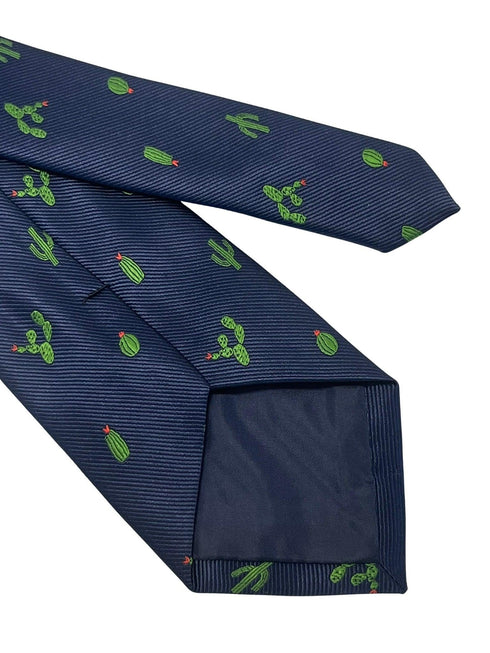 Navy dark blue tie with embroidered cactus design