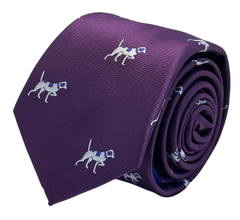 Plum aubergine purple tie with embroidered beagle bloodhound hunting gun dog design