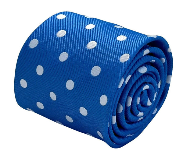 Medium electric blue tie with white polka spots
