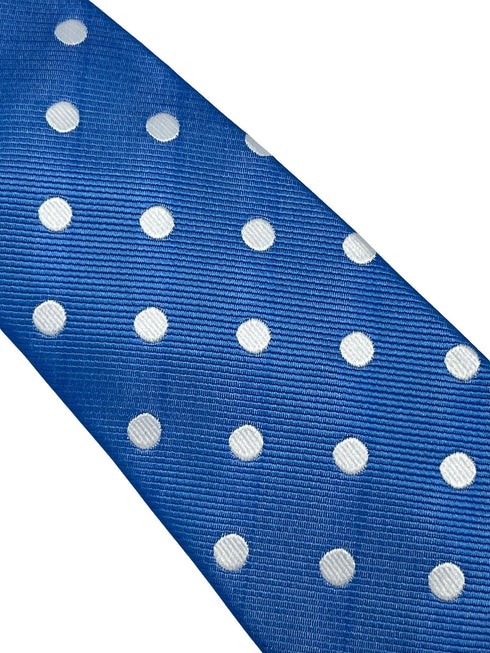 Medium electric blue tie with white polka spots