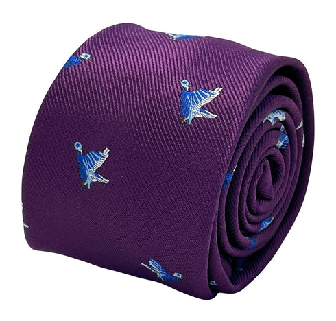 Plum aubergine purple tie with embroidered hunting partridge bird design