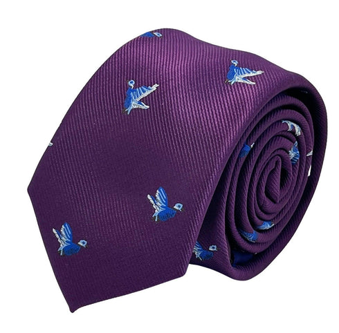 Plum aubergine purple tie with embroidered hunting partridge bird design