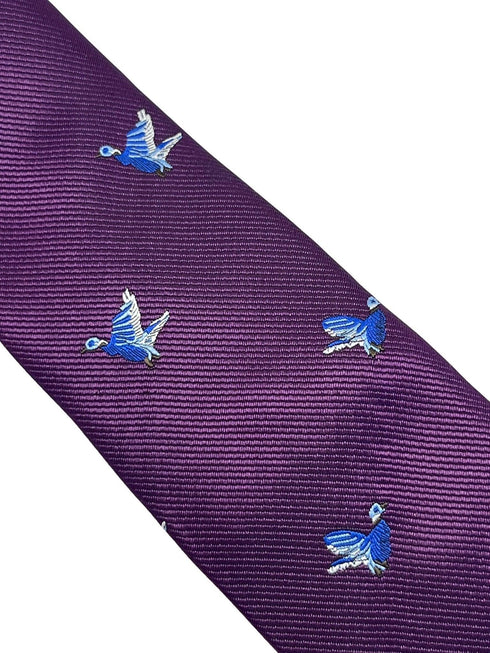 Plum aubergine purple tie with embroidered hunting partridge bird design