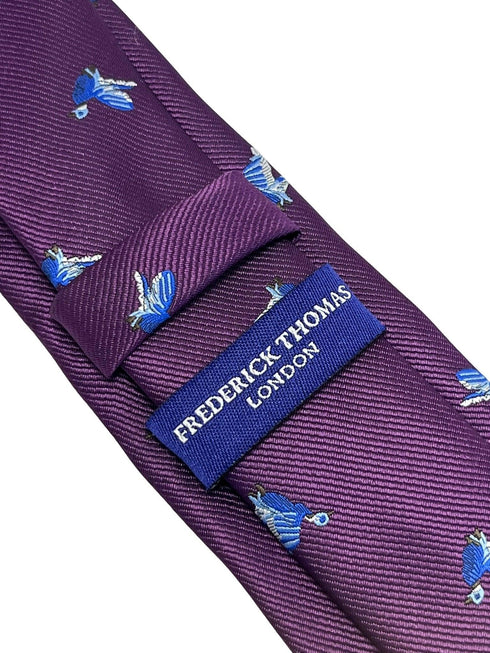 Plum aubergine purple tie with embroidered hunting partridge bird design