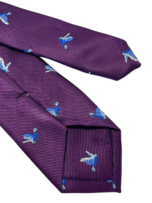 Plum aubergine purple tie with embroidered hunting partridge bird design