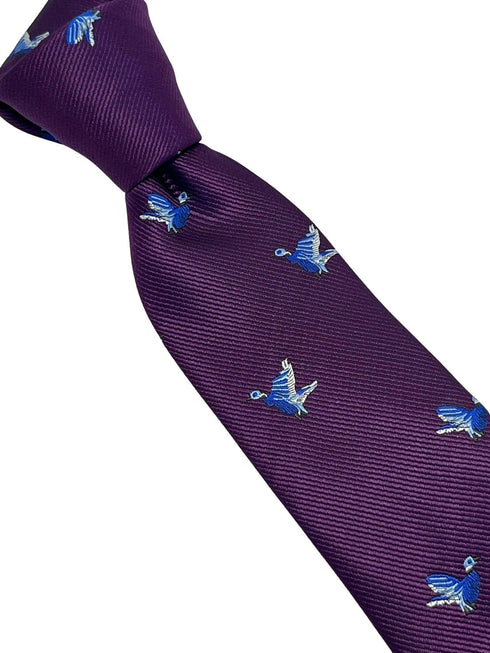 Plum aubergine purple tie with embroidered hunting partridge bird design