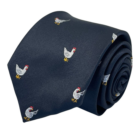 Navy dark blue tie with embroidered chicken design