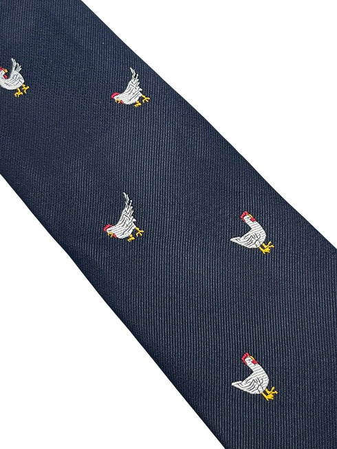 Navy dark blue tie with embroidered chicken design