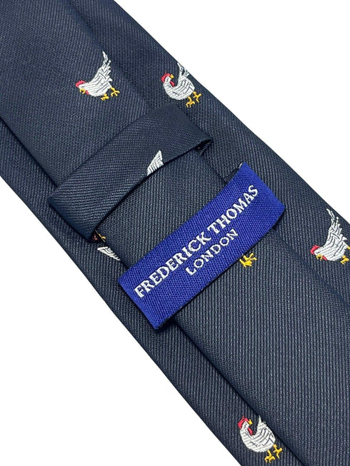 Navy dark blue tie with embroidered chicken design