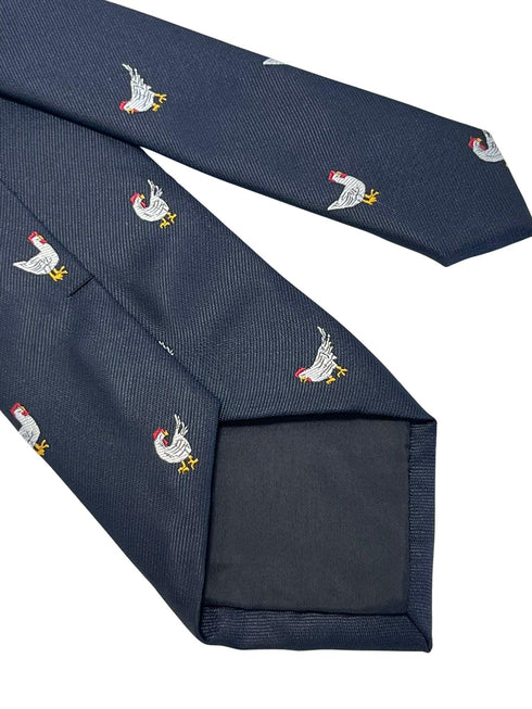 Navy dark blue tie with embroidered chicken design