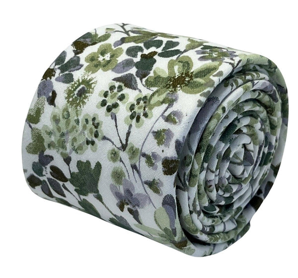 Green and white tie with wildflower English meadow spring floral garden cotton design