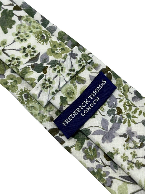 Green and white tie with wildflower English meadow spring floral garden cotton design
