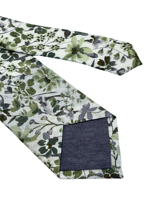 Green and white tie with wildflower English meadow spring floral garden cotton design