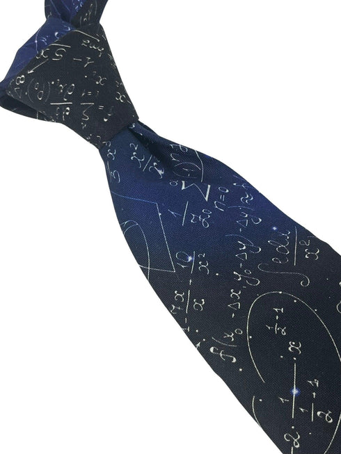 Navy dark blue starry sky style cotton tie with maths equations algebra Einstein design