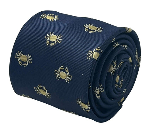Navy dark blue tie with embroidered Alaskan golden king crab nautical sea design