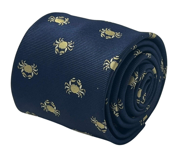 Navy dark blue tie with embroidered Alaskan golden king crab nautical sea design