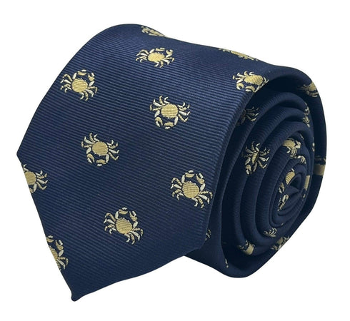 Navy dark blue tie with embroidered Alaskan golden king crab nautical sea design