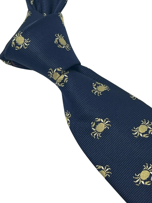 Navy dark blue tie with embroidered Alaskan golden king crab nautical sea design