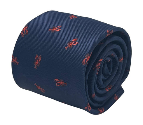 Navy dark blue tie with embroidered red lobster nautical sea design