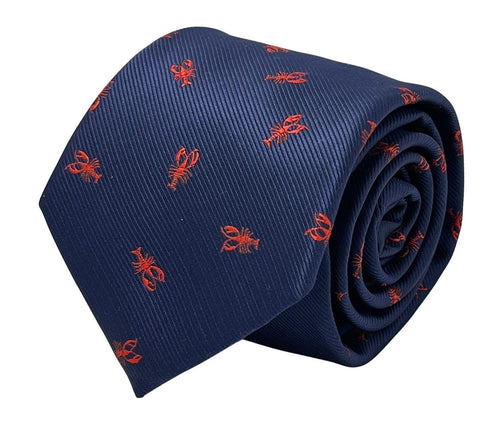 Navy dark blue tie with embroidered red lobster nautical sea design