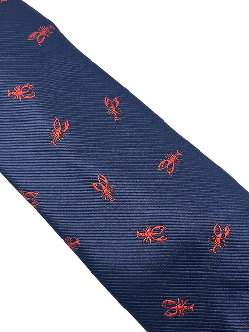 Navy dark blue tie with embroidered red lobster nautical sea design