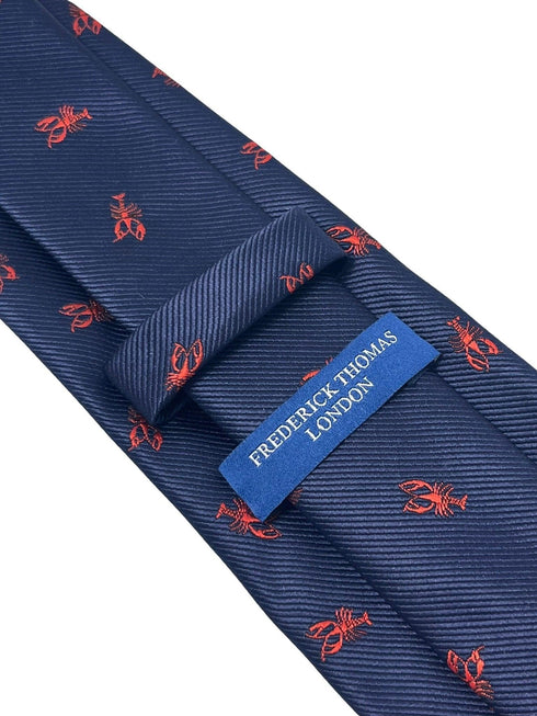 Navy dark blue tie with embroidered red lobster nautical sea design