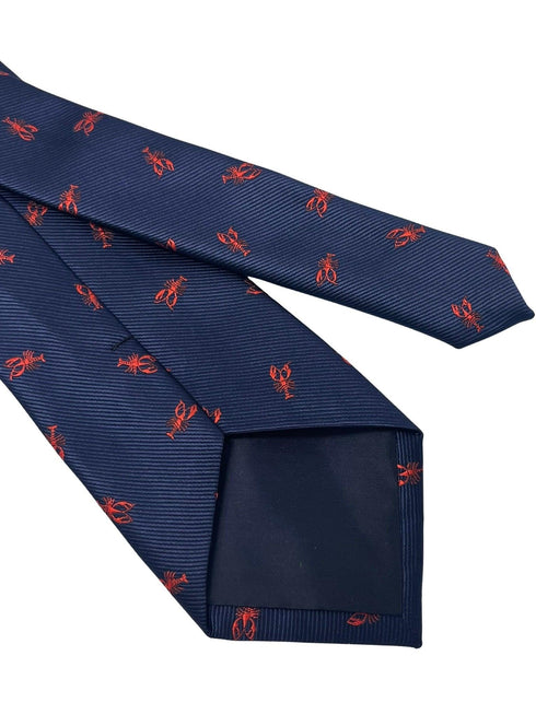 Navy dark blue tie with embroidered red lobster nautical sea design