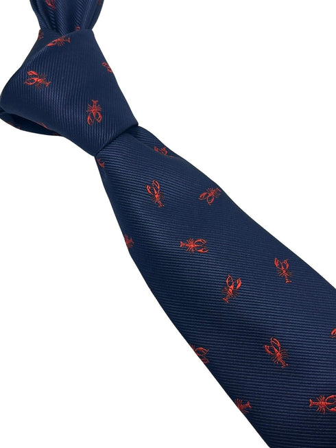 Navy dark blue tie with embroidered red lobster nautical sea design