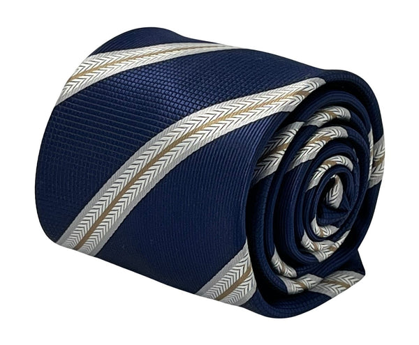 Navy dark blue tie with bronze and white stripe