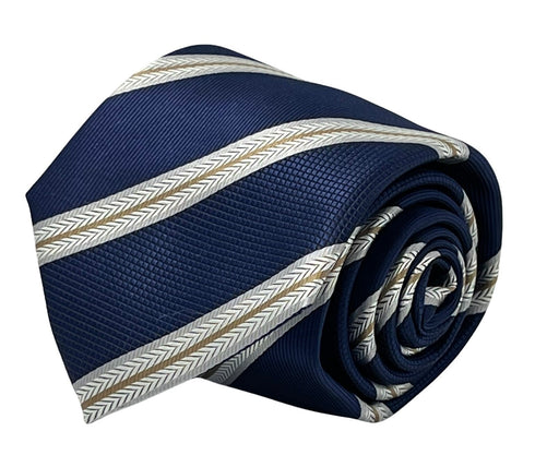 Navy dark blue tie with bronze and white stripe