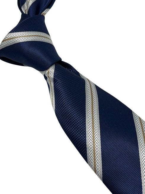 Navy dark blue tie with bronze and white stripe